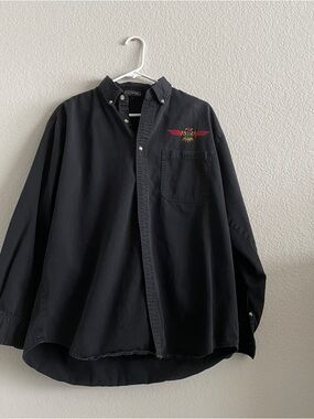 LA Loving Black Button-Down Shirt with Colorful Embroidery